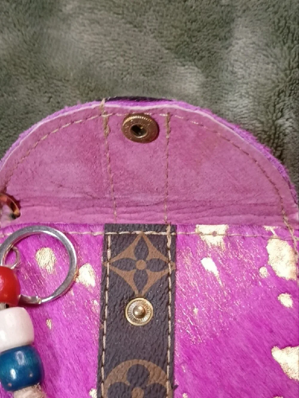 Upcycled And Genuine Leather Card Or Change Holder (Pink And Gold)